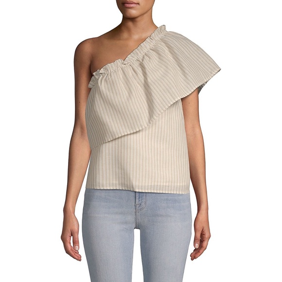 Lucca Couture Juliana One-Shoulder Striped Cotton Top in Beige - Picture 1 of 7
